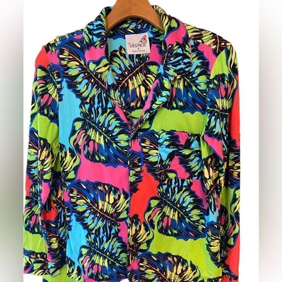 Vespa Sz S Lime Green Fuschia Pink Tropical Palm Leaves 2-Piece Loungewear PJ’s - Picture 4 of 10